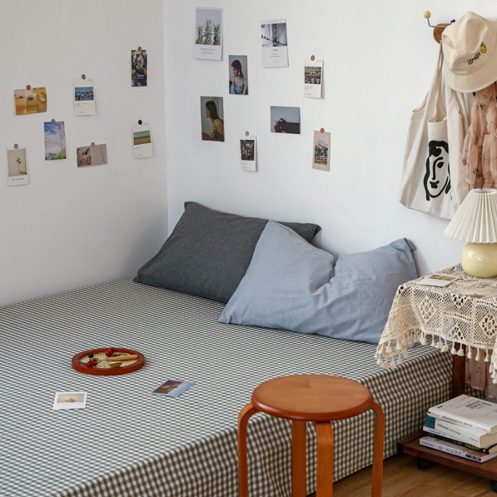 91家纺网 家纺一手货源 找家纺 安莱生活 2021新款色织全棉水洗棉单床单 绿小格