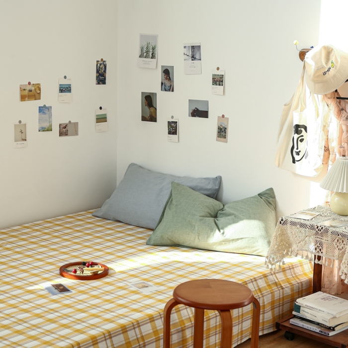 91家纺网 家纺一手货源 找家纺 安莱生活 2021新款色织全棉水洗棉单床单 芒果格