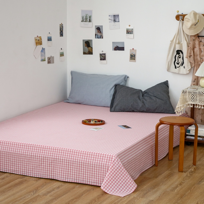 91家纺网 家纺一手货源 找家纺 安莱生活 2021新款色织全棉水洗棉单床单 玫粉小格