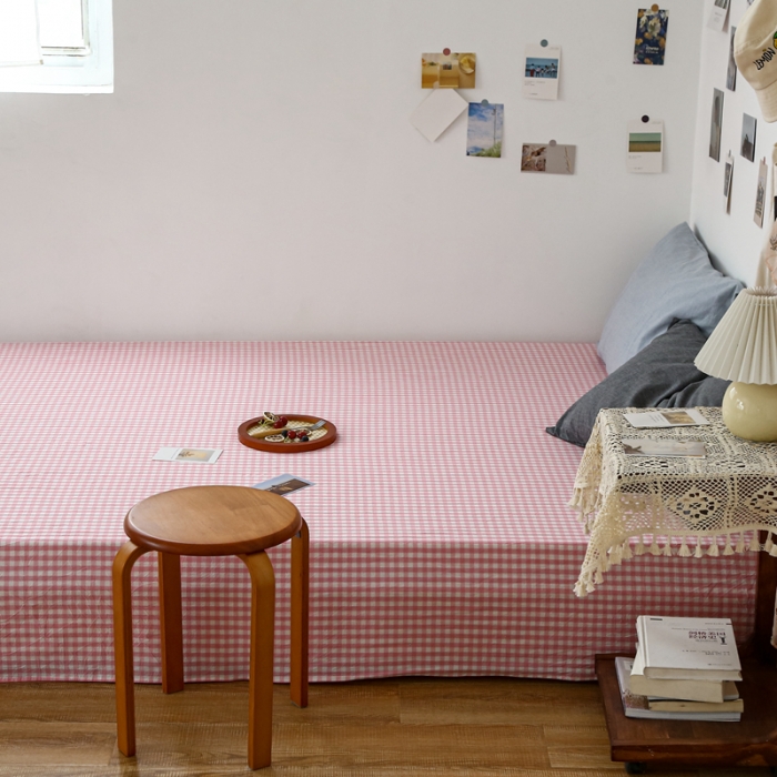 91家纺网 家纺一手货源 找家纺 安莱生活 2021新款色织全棉水洗棉单床单 玫粉小格