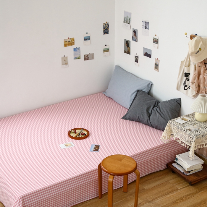 91家纺网 家纺一手货源 找家纺 安莱生活 2021新款色织全棉水洗棉单床单 玫粉小格