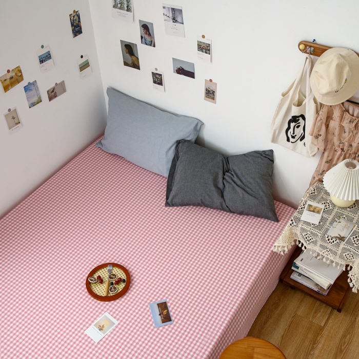 91家纺网 家纺一手货源 找家纺 安莱生活 2021新款色织全棉水洗棉单床单 玫粉小格