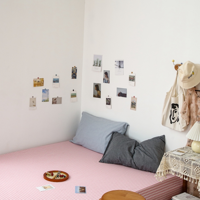 91家纺网 家纺一手货源 找家纺 安莱生活 2021新款色织全棉水洗棉单床单 玫粉小格