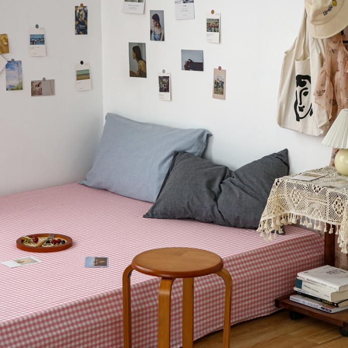 91家纺网 家纺一手货源 找家纺 安莱生活 2021新款色织全棉水洗棉单床单 玫粉小格