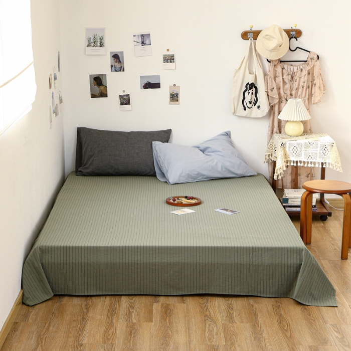 91家纺网 家纺一手货源 找家纺 安莱生活 2021新款色织全棉水洗棉单床单 抹茶细条