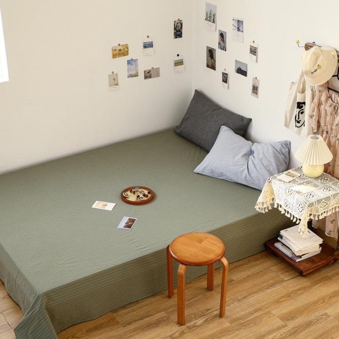 91家纺网 家纺一手货源 找家纺 安莱生活 2021新款色织全棉水洗棉单床单 抹茶细条