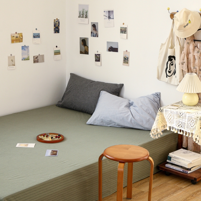 91家纺网 家纺一手货源 找家纺 安莱生活 2021新款色织全棉水洗棉单床单 抹茶细条