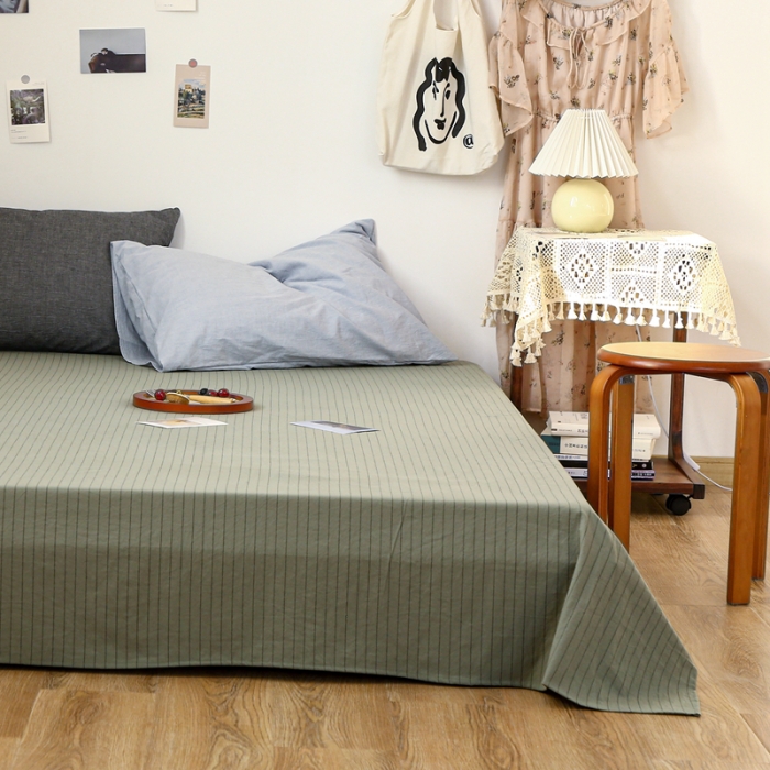 91家纺网 家纺一手货源 找家纺 安莱生活 2021新款色织全棉水洗棉单床单 抹茶细条