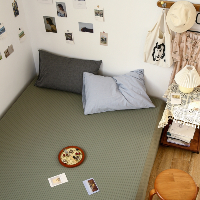 91家纺网 家纺一手货源 找家纺 安莱生活 2021新款色织全棉水洗棉单床单 抹茶细条