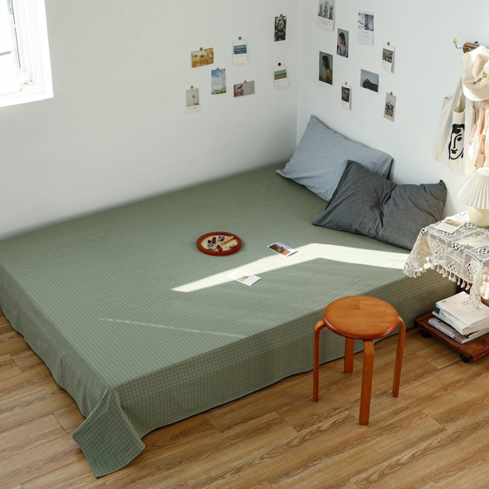 91家纺网 家纺一手货源 找家纺 安莱生活 2021新款色织全棉水洗棉单床单 抹茶小格