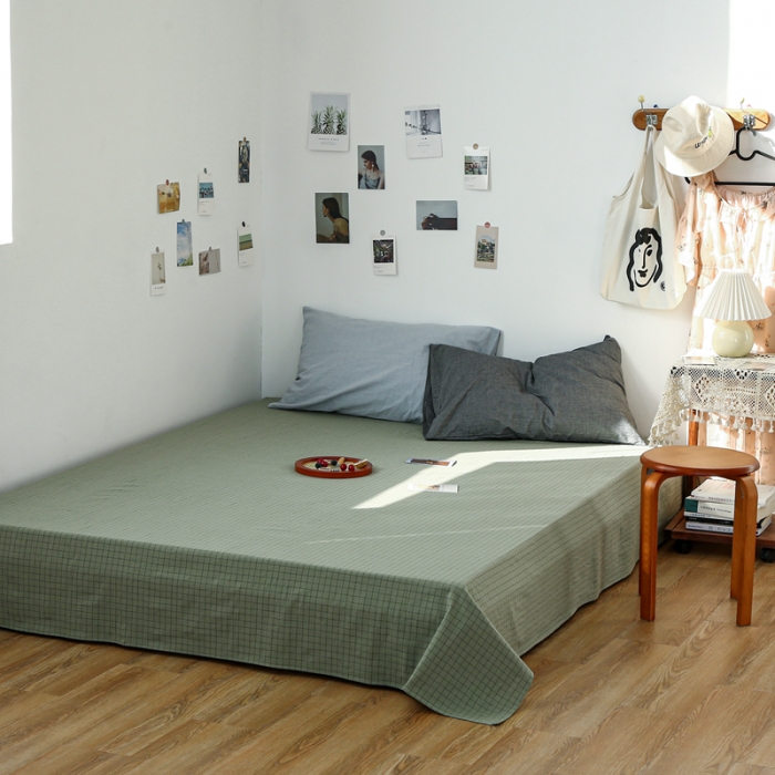 91家纺网 家纺一手货源 找家纺 安莱生活 2021新款色织全棉水洗棉单床单 抹茶小格