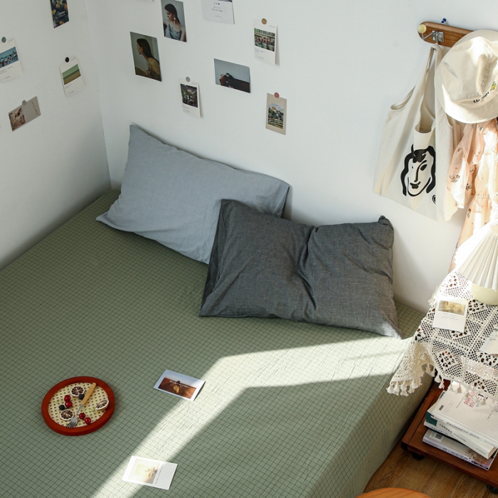 91家纺网 家纺一手货源 找家纺 安莱生活 2021新款色织全棉水洗棉单床单 抹茶小格