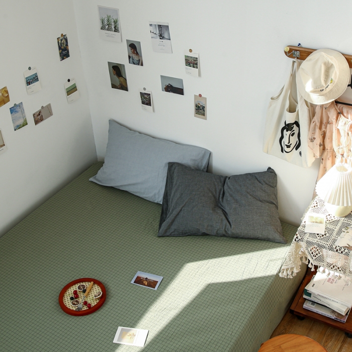 91家纺网 家纺一手货源 找家纺 安莱生活 2021新款色织全棉水洗棉单床单 抹茶小格