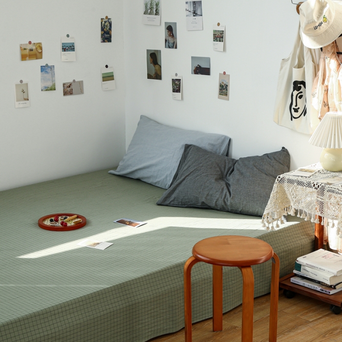 91家纺网 家纺一手货源 找家纺 安莱生活 2021新款色织全棉水洗棉单床单 抹茶小格