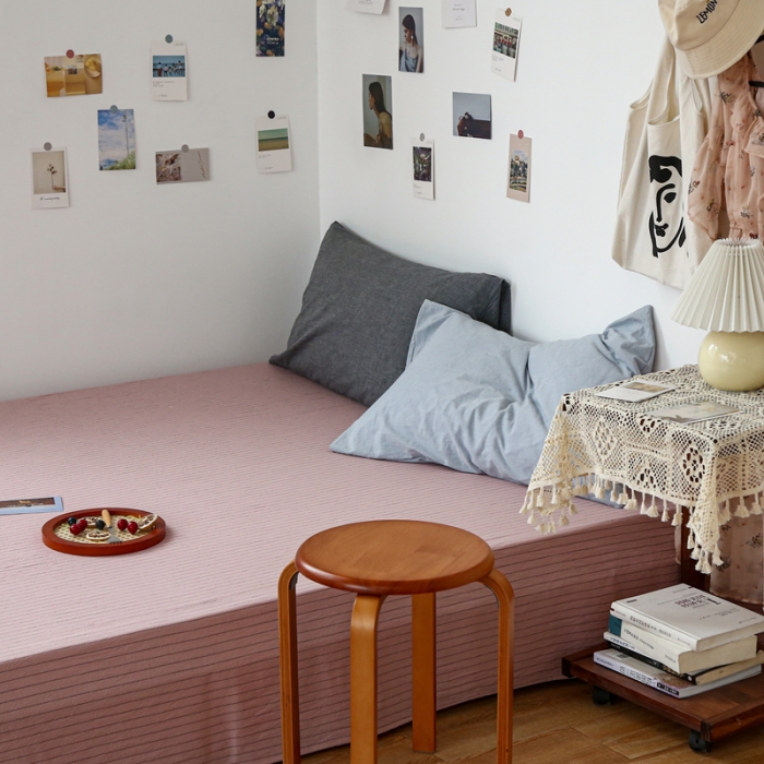 91家纺网 家纺一手货源 找家纺 安莱生活 2021新款色织全棉水洗棉单床单 藕粉细条