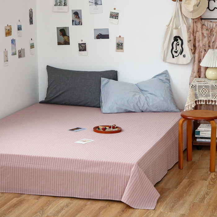 91家纺网 家纺一手货源 找家纺 安莱生活 2021新款色织全棉水洗棉单床单 藕粉细条