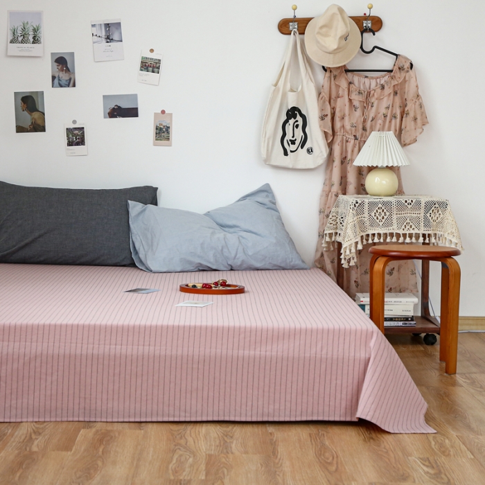 91家纺网 家纺一手货源 找家纺 安莱生活 2021新款色织全棉水洗棉单床单 藕粉细条