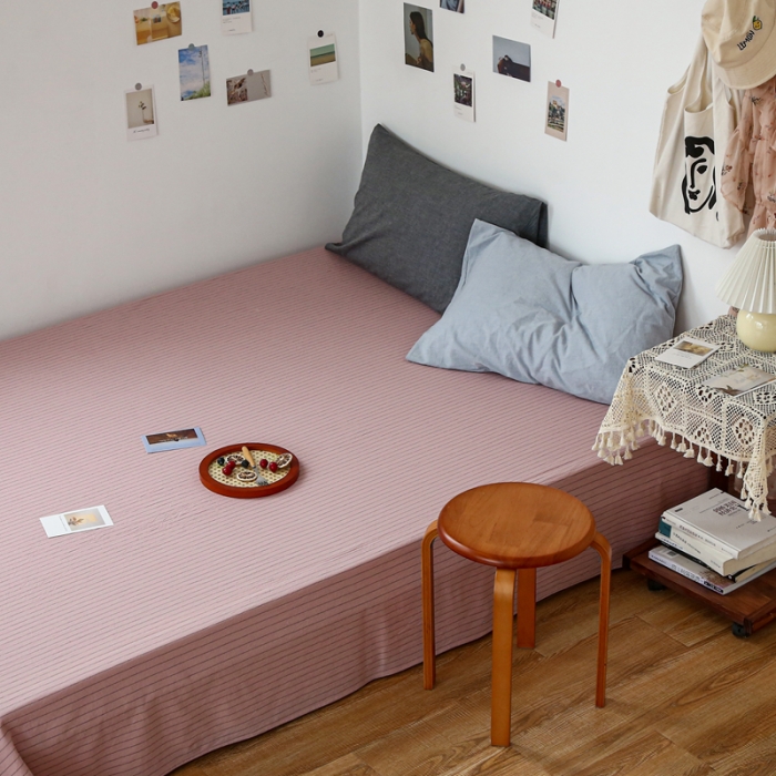 91家纺网 家纺一手货源 找家纺 安莱生活 2021新款色织全棉水洗棉单床单 藕粉细条