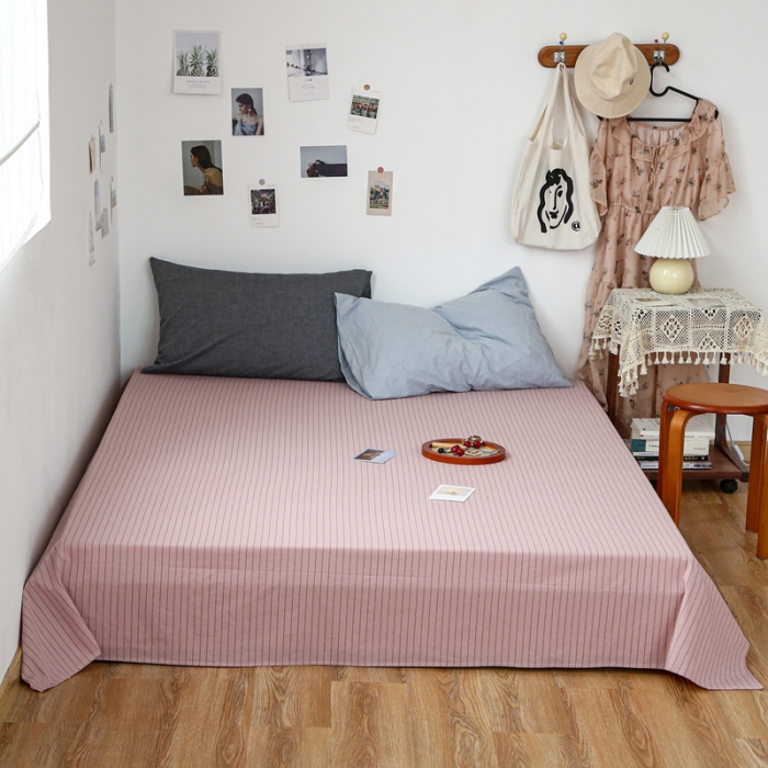 91家纺网 家纺一手货源 找家纺 安莱生活 2021新款色织全棉水洗棉单床单 藕粉细条