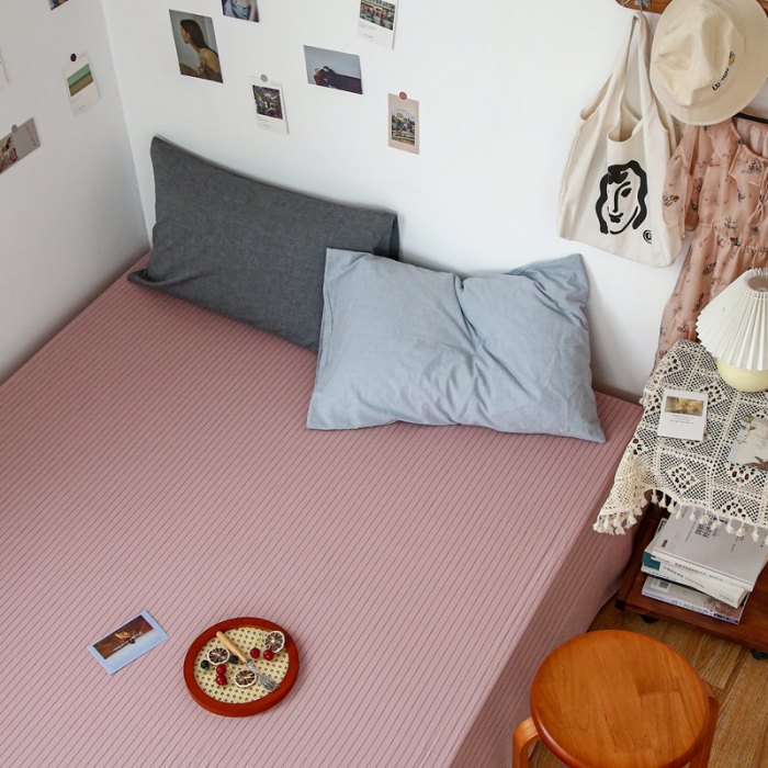 91家纺网 家纺一手货源 找家纺 安莱生活 2021新款色织全棉水洗棉单床单 藕粉细条