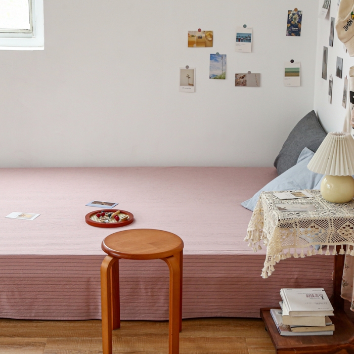 91家纺网 家纺一手货源 找家纺 安莱生活 2021新款色织全棉水洗棉单床单 藕粉细条