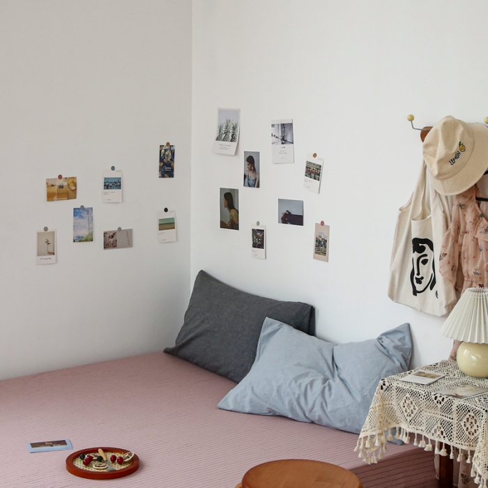 91家纺网 家纺一手货源 找家纺 安莱生活 2021新款色织全棉水洗棉单床单 藕粉细条