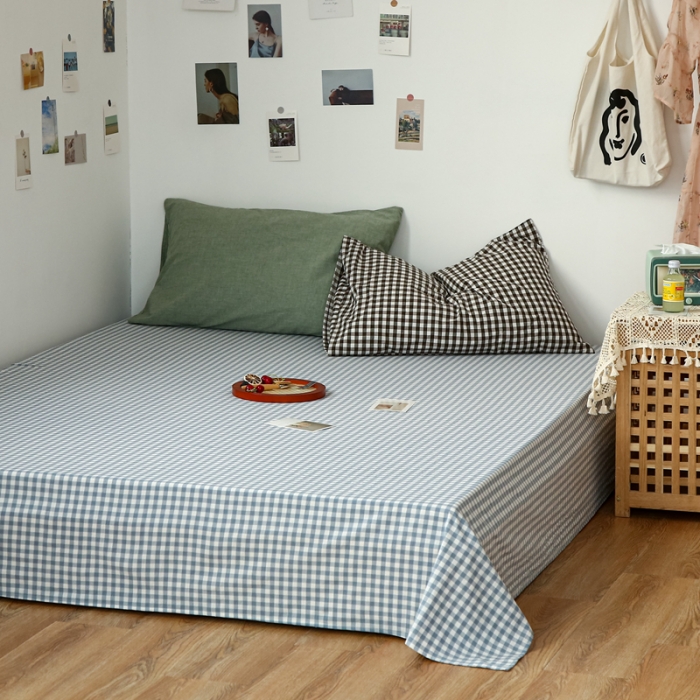 91家纺网 家纺一手货源 找家纺 安莱生活 2021新款色织全棉水洗棉单床单 浅蓝小格