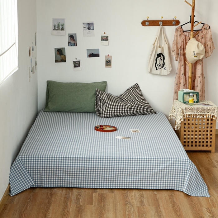 91家纺网 家纺一手货源 找家纺 安莱生活 2021新款色织全棉水洗棉单床单 浅蓝小格