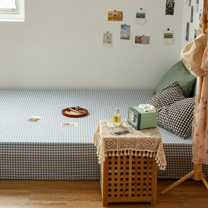 91家纺网 家纺一手货源 找家纺 安莱生活 2021新款色织全棉水洗棉单床单 浅蓝小格