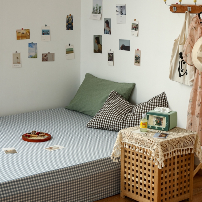 91家纺网 家纺一手货源 找家纺 安莱生活 2021新款色织全棉水洗棉单床单 浅蓝小格