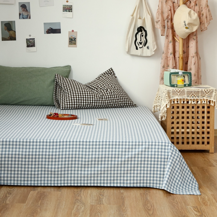 91家纺网 家纺一手货源 找家纺 安莱生活 2021新款色织全棉水洗棉单床单 浅蓝小格