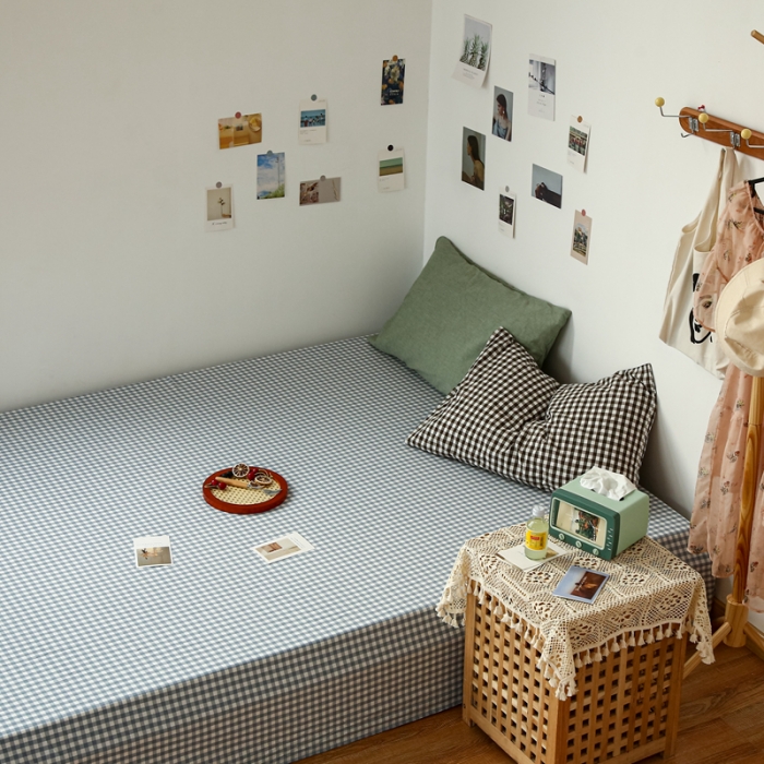 91家纺网 家纺一手货源 找家纺 安莱生活 2021新款色织全棉水洗棉单床单 浅蓝小格