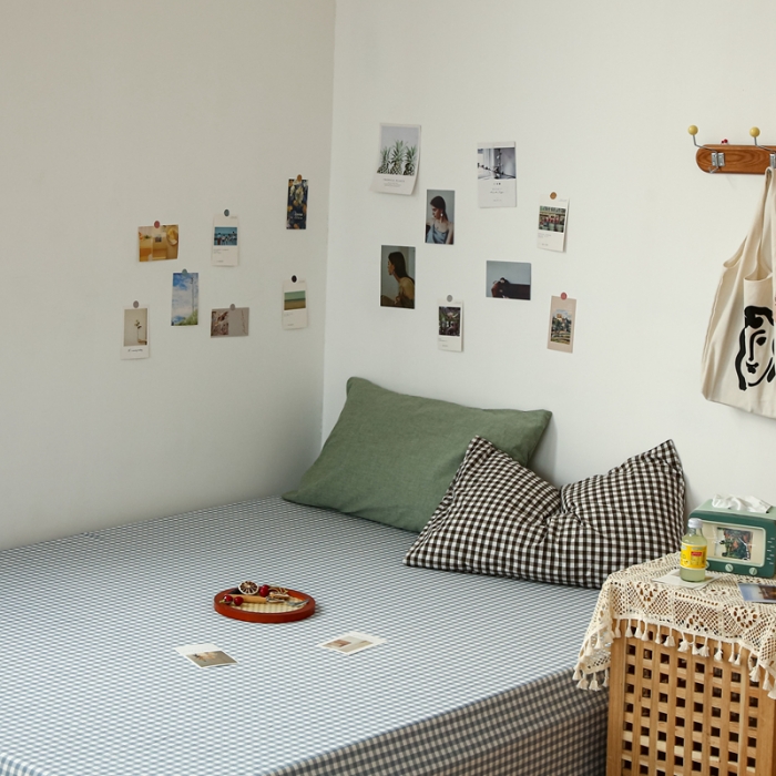 91家纺网 家纺一手货源 找家纺 安莱生活 2021新款色织全棉水洗棉单床单 浅蓝小格