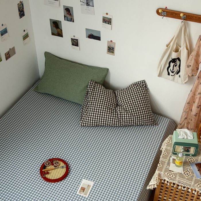 91家纺网 家纺一手货源 找家纺 安莱生活 2021新款色织全棉水洗棉单床单 浅蓝小格