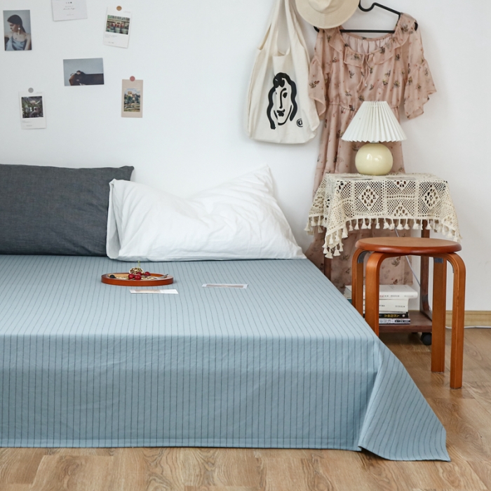 91家纺网 家纺一手货源 找家纺 安莱生活 2021新款色织全棉水洗棉单床单 乌兰细条