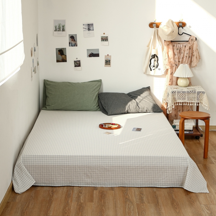 91家纺网 家纺一手货源 找家纺 安莱生活 2021新款色织全棉水洗棉单床单 小白格