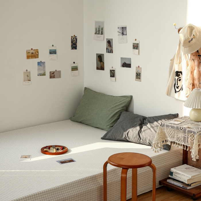 91家纺网 家纺一手货源 找家纺 安莱生活 2021新款色织全棉水洗棉单床单 小白格