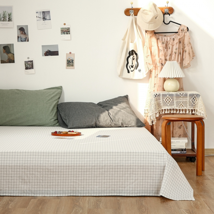 91家纺网 家纺一手货源 找家纺 安莱生活 2021新款色织全棉水洗棉单床单 小白格