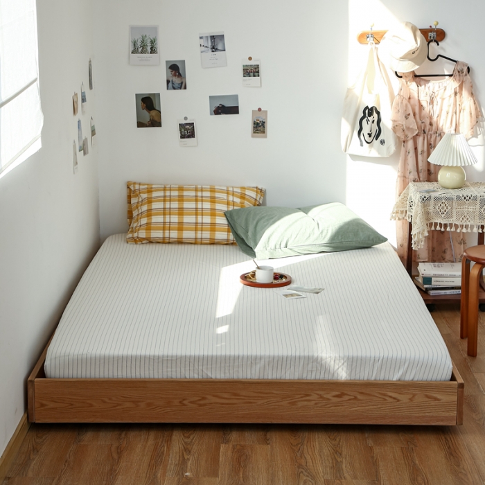 91家纺网 家纺一手货源 找家纺 安莱生活 2021新款色织全棉水洗棉单床笠 白灰细条