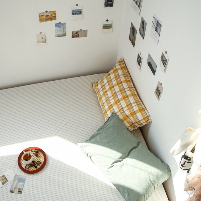 91家纺网 家纺一手货源 找家纺 安莱生活 2021新款色织全棉水洗棉单床笠 白灰细条