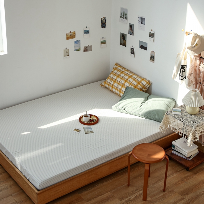 91家纺网 家纺一手货源 找家纺 安莱生活 2021新款色织全棉水洗棉单床笠 白灰细条