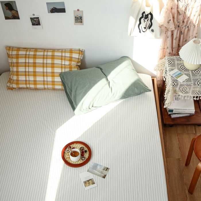 91家纺网 家纺一手货源 找家纺 安莱生活 2021新款色织全棉水洗棉单床笠 白灰细条