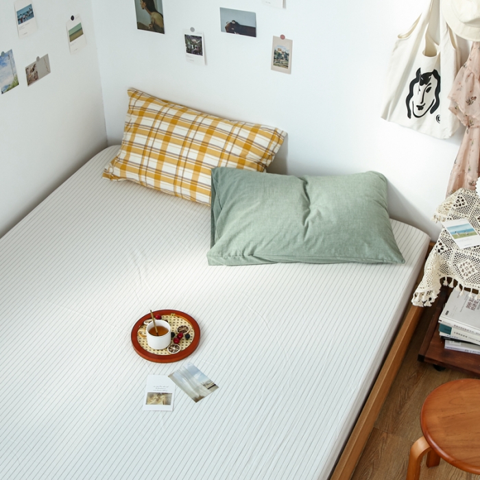 91家纺网 家纺一手货源 找家纺 安莱生活 2021新款色织全棉水洗棉单床笠 白灰细条