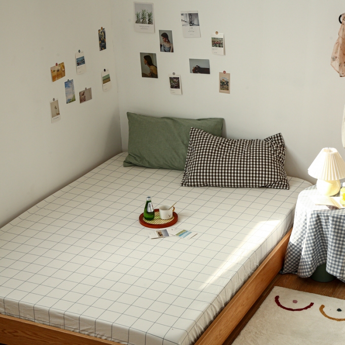 91家纺网 家纺一手货源 找家纺 安莱生活 2021新款色织全棉水洗棉单床笠 白灰中格