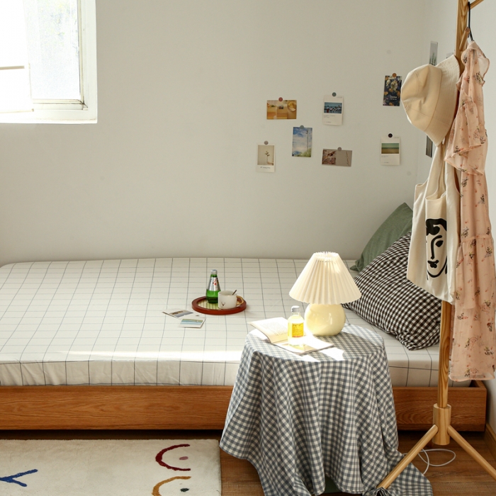 91家纺网 家纺一手货源 找家纺 安莱生活 2021新款色织全棉水洗棉单床笠 白灰中格