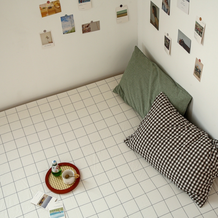 91家纺网 家纺一手货源 找家纺 安莱生活 2021新款色织全棉水洗棉单床笠 白灰中格