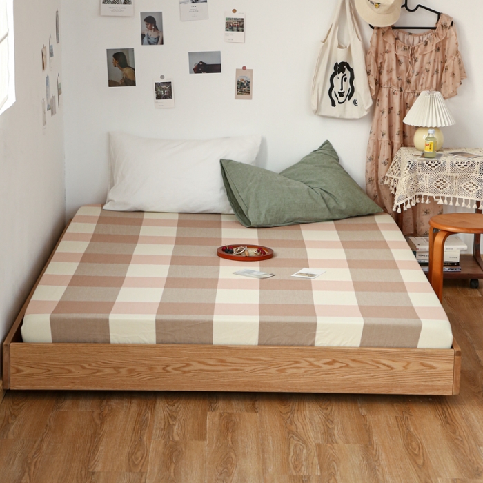 91家纺网 家纺一手货源 找家纺 安莱生活 2021新款色织全棉水洗棉单床笠 粉大格