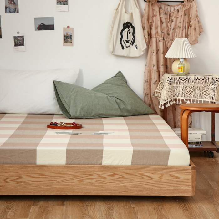 91家纺网 家纺一手货源 找家纺 安莱生活 2021新款色织全棉水洗棉单床笠 粉大格