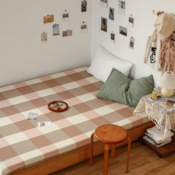 91家纺网 家纺一手货源 找家纺 安莱生活 2021新款色织全棉水洗棉单床笠 粉大格