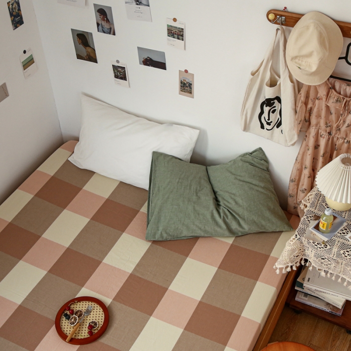 91家纺网 家纺一手货源 找家纺 安莱生活 2021新款色织全棉水洗棉单床笠 粉大格